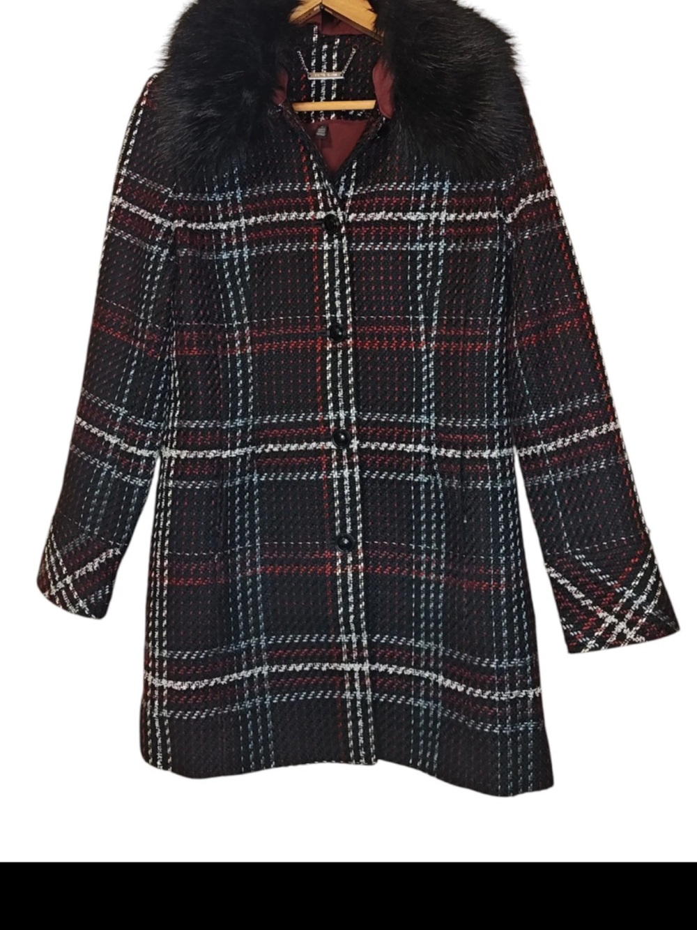 WHBM Women's Black Plaid Wool Coat with Faux Fur Collar